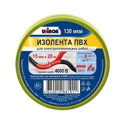 Изолента Unibob, желто-зеленая, (15 мм x 20 м) Изолента Unibob, желто-зеленая, (15 мм x 20 м)